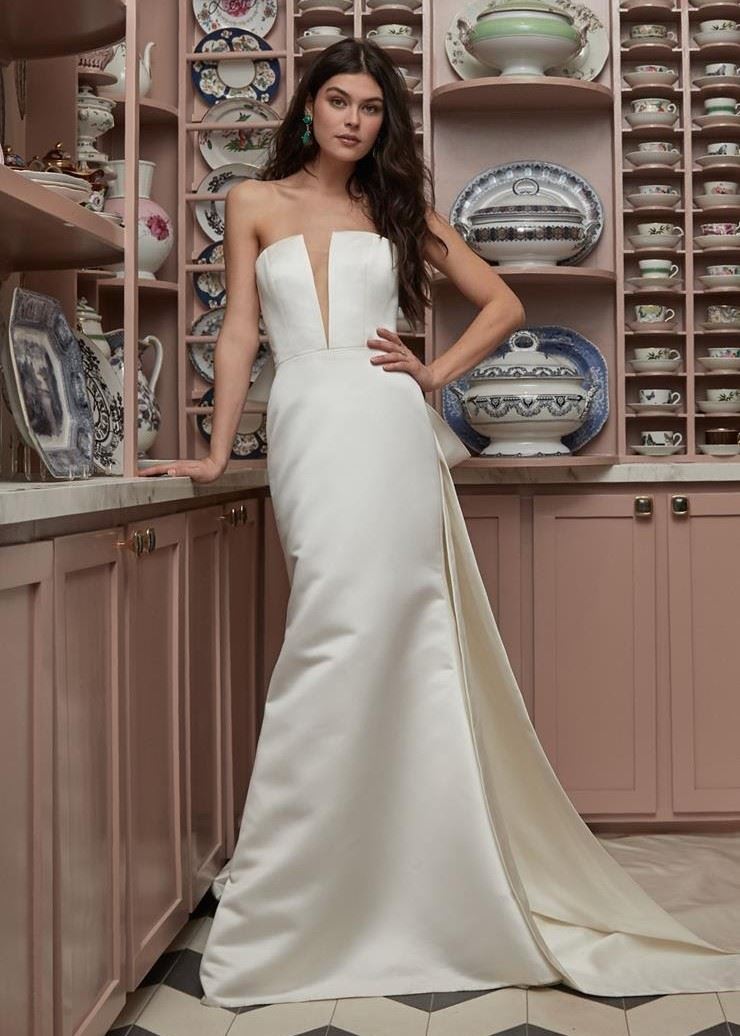 Bride wearing a strapless fit and flare wedding dress