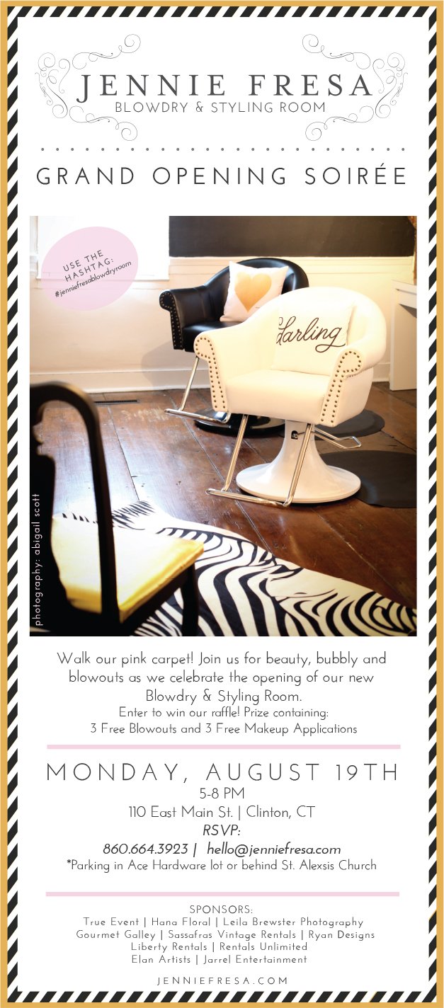 Monday, August 19th: Jennie Fresa Blow Dry &amp; Styling Room Grand Opening Soiree. Desktop Image
