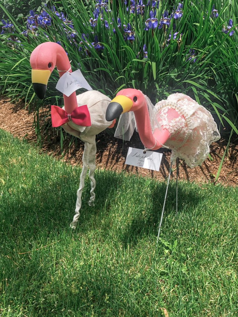 Pearl and Andrew- two of our wedding lawn flamingos